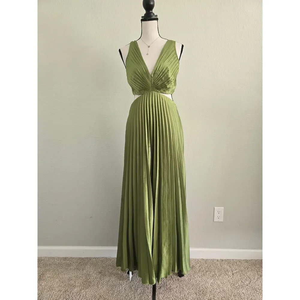 Abercrombie & Fitch Green Pleated Maxi Dress Sz S Cutout Open Back Wedding Guest - Picture 2 of 13